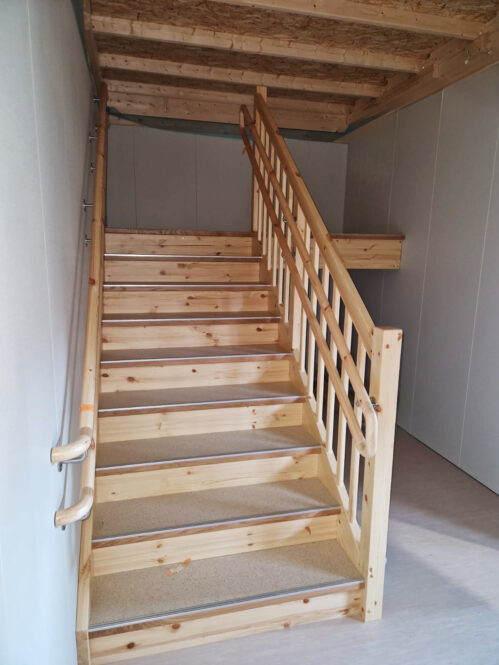 I-shaped staircase with pine steps. Material - wood.